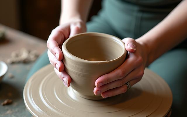 Hands working on a pottery wheel with beginner's clay